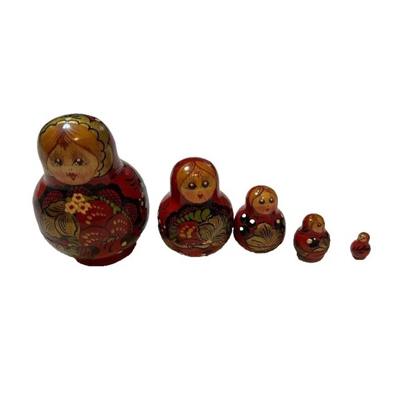 Set of 2 Vntg Russian Matryoshka Nesting Dolls, 3" Woman (5) 1.5" Old Man (4) - Picture 4 of 5